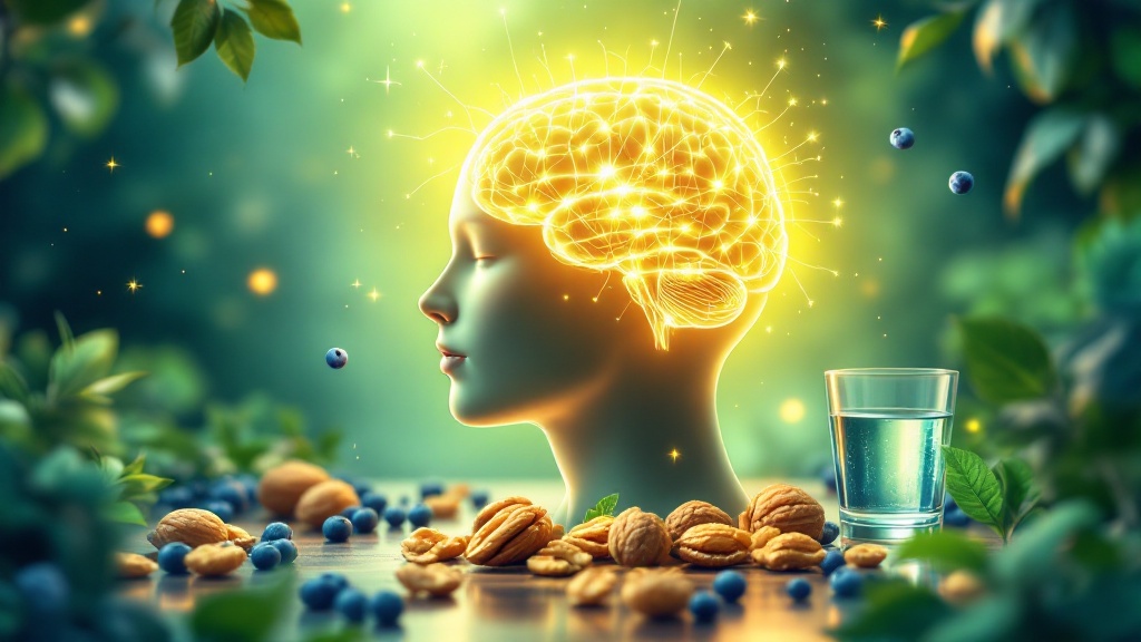 Brain-boosting superfoods like walnuts, blueberries, dark chocolate, and leafy greens.